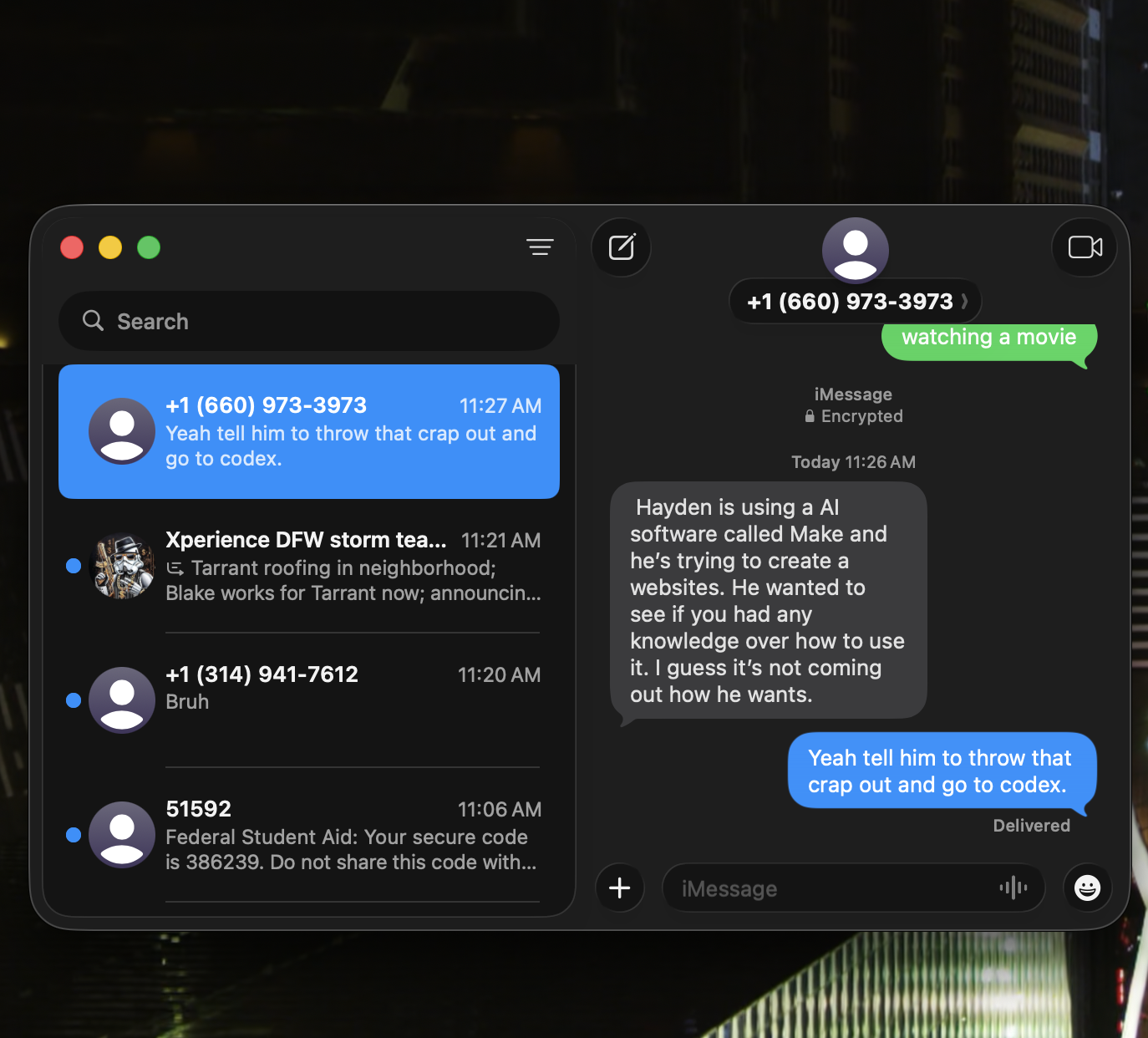 Screenshot of the text exchange recommending Codex over Make